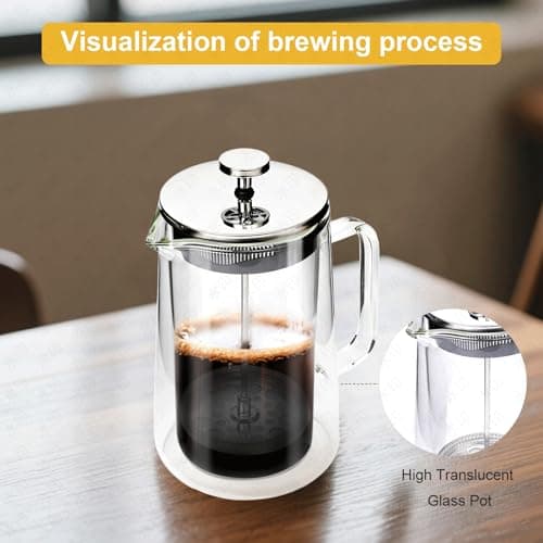 PanSukided French Press Coffee Maker 34Oz (1 Liter), DoubleWall Insulated Borosilicate Glass, Heat-Resistant Design, Stainless Steel Filter for Coffee, Tea & Cold Brew 4