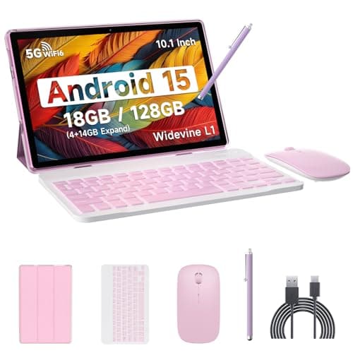 IWEGGO Android 15 Tablet, 10 Inch 18GB RAM+128GB ROM/ 2TB Expandable Tablet, 2.0GHz Quad-core Processor, 1280*800 HD Touch Screen, 5G WiFi6 BT 5.0, 2 in 1 Tablets with Keyboard Case Mouse Stylus Pink
