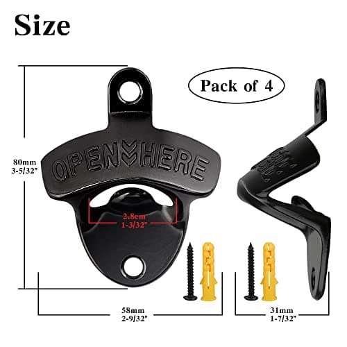 4 Pcs Bottle Opener Wall Mounted, Antique Metal Beer Bottle Top Openers Hardware With Mount Screws Set, Outdoor, Rustic, Cabinet, Vintage Bar (Black) 5