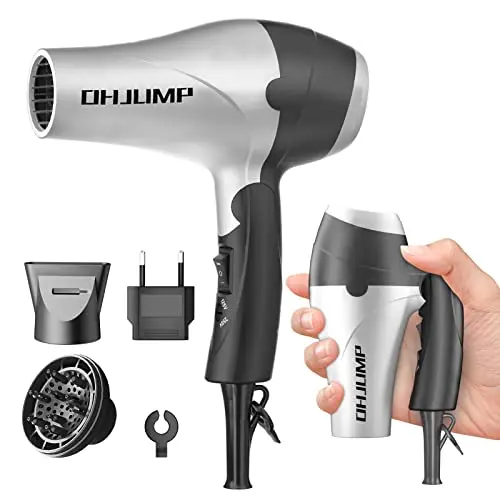 OHJUMP Travel Hair Dryer Blow Dryer with Diffuser, Portable Small Dual Voltage Compact Hairdryer, EU Plug, 1875W Powerful Fast Dry, Folding Handle, Diffuser Hair Dryer Silvery