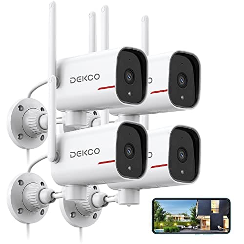 DEKCO 4 Pack Wired Home Camera Outdoor with 2K Color Night Vision, Pan Rotating 180° Security Cameras Support 24/7 Recording, 2.4GHz WiFi, AI Human Auto Tracking, Work with Alexa/Google Assistant