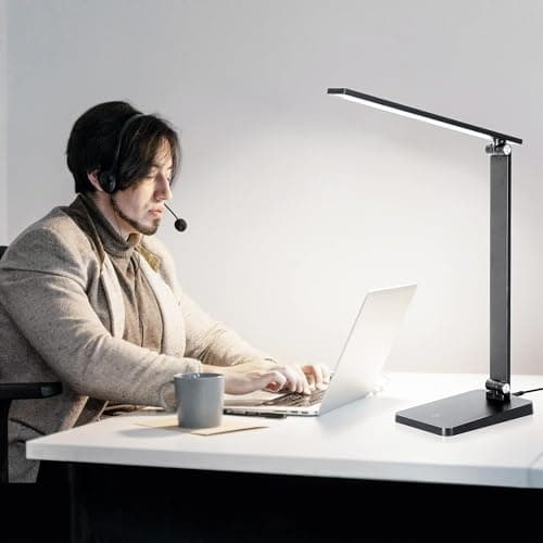 LED Desk Lamp for Home Office, 3 Levels Dimmable Desk Light with USB Charging Port, Small Study Lamp, Reading Light for Table, Black, 5000K 6