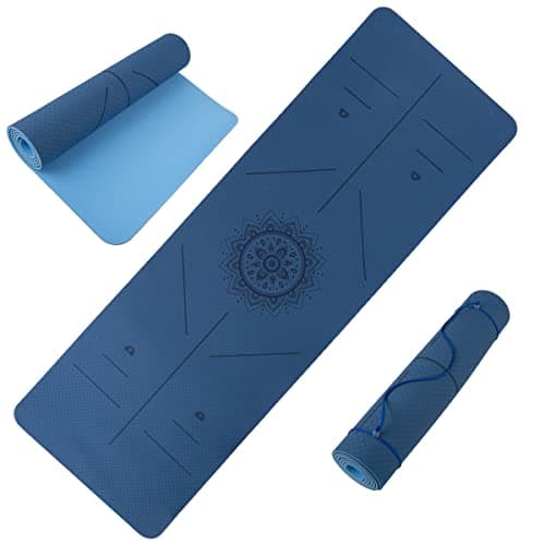 Yoga Mat with Alignment Marks - Lightweight Exercise Mat with Carry Strap for Home Workout or Travel by Wakeman Outdoors (Blue)