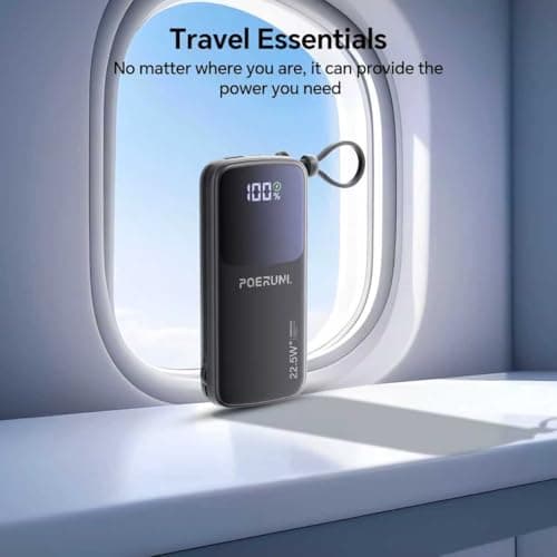 POERUNI. 10000mAh Power Bank with a Built-in AC Wall Plug Led Display and Two Built-in Cables.USB-C Fast Charging Compatible with iPhone,Samsung,and Android Smartphones, Portable Charger with Travel. 7