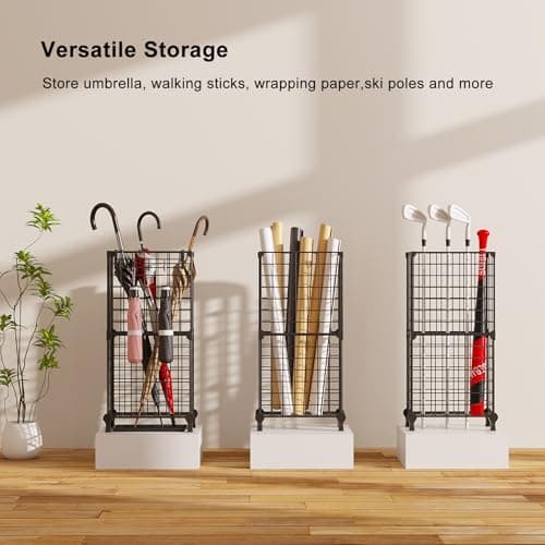 AWTATOS Umbrella Holder Entryway, Umbrella Stand Freestanding, Metal Square Umbrella Rack Organizer with a Removable Drip Tray, Hooks, Black 6