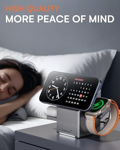 ZEEHOO 3 in 1 Charging Station for Apple, iPhone Mag-Safe Charger, Qi2 Certified, Rotating Wireless Charger Stand for iPhone 17,16,15,14,13,12 Series, Apple Watch, AirPods (USB-C Charger Included) 7