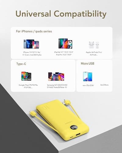 VEGER Portable Charger with Built-in AC Plug and Cables, All in One 10000mAh Ultra Slim Power Bank Travel Essentials, Fast Charging Battery Pack Compatible with iPhone, Samsung, Android (Yellow) 6
