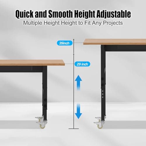 60” Heavy-Duty Solid Wood Work Bench Work Table with Wheels, Adjustable Height Portable Workbench with Power Outlets, 3000 Lbs Capacity Workstation for Garage, Workshop 6