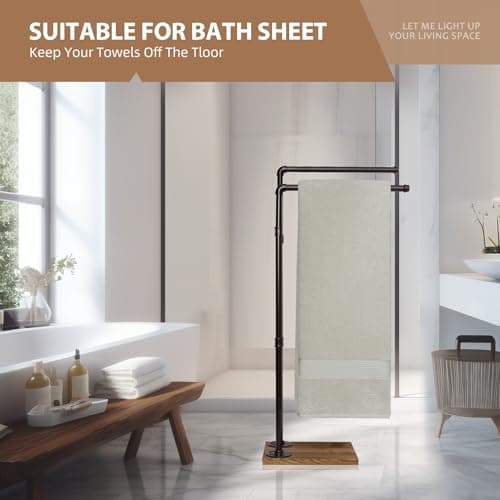 Hjarta 39 Inch Free Standing Towel Racks for Bathroom, Black Towel Holders with Wooden Base, 2-Tier Freestanding Towel Holder Stand for Bath Towel Sheet 5