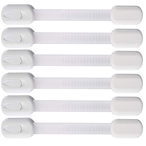 6 Pack Vmaisi Multi-Use Adhesive Straps Locks - Childproofing Baby Proofing Cabinet Latches for Drawers, Fridge, Dishwasher, Toilet Seat, Cupboard, Oven,Trash Can, No Drilling (White) (6)