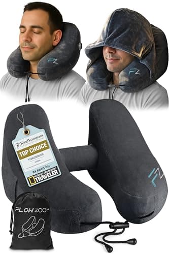 FLOWZOOM Air Inflatable Neck Pillow for Traveling on Plane - H-Shape Hooded Airplane Pillow with 5 Snooze Modes, Fast Inflation, Pressure Control, Cozy Clip-On Hood & Plushy Cover - Size L, Jet Black