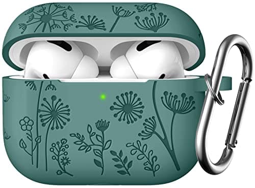 Lerobo for AirPods Pro 2 Case Cover, Flower Engraved Case Compatible with Apple Airpod Pro Case 2nd / 1st Generation, Cute Soft Silicone Protection Cover for Wowen with Keychain Accessories,PineGreen