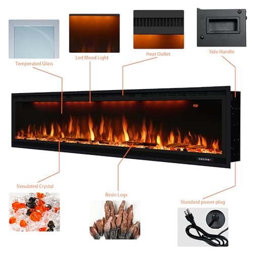 Dreamflame 60 inch Electric Fireplace, Recessed and Wall Mounted Fireplace Heater, 750/1500W Thermostat with Remote Control, Realistic Flame Combinations, Black (60") 7