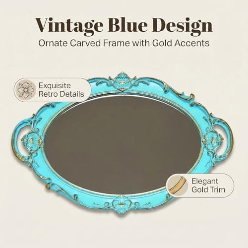 Schonee Oval Vintage Decorative Mirror Tray, Jewelry Dresser Organizer Tray, Cosmetics Makeup Storage Organizer, Serving Tray (9.8”x 14.6”) Blue 7
