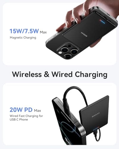 Kuulaa Power Bank Ultra Slim, 0.28 in MagSafe PowerBank 5000 mAh, PD20W Small Power Bank, Magnetic Wireless External Mobile Phone Batteries for iPhone 16 Pro/15/14/13/12 Series (Black) 5