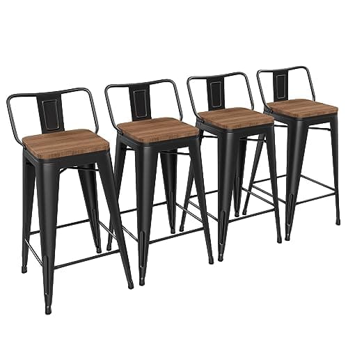 Yongchuang 24" Metal Barstools Set of 4 Counter Bar Stools with Wood Top Low Back Matte Black