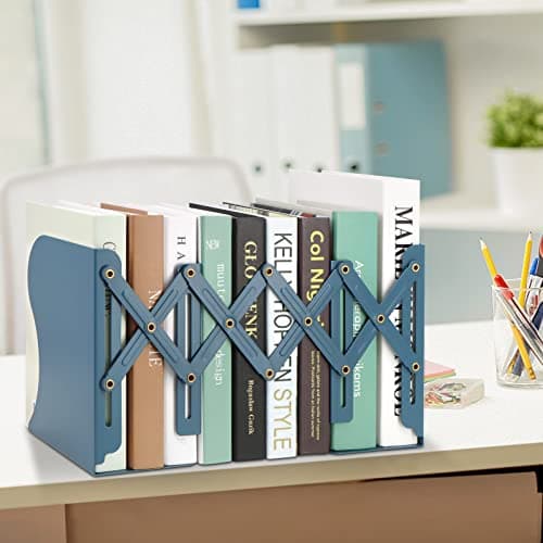 Adjustable Bookends, Book Holders for Shelves, Metal Book Ends for Heavy Books, Extends Up to 17 Inches Used in Office, Desk and School (Blue) 7