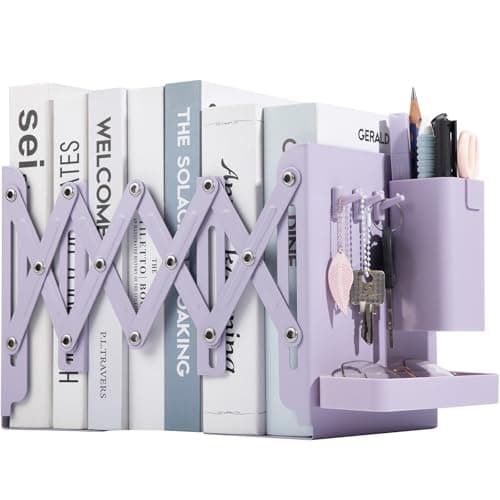 ALKALO Adjustable Bookends, 19" Metal Book Ends for Heavy Books, 2 Dividers Bookends with Removable Pen Holder, Tray, and 3 Hook-up, Book Organizer for Office, School, Bookstore, Home