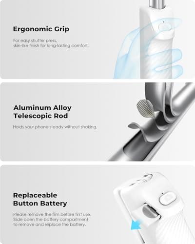 Viozon Aluminum Alloy Wireless Selfie Stick, Lightweight Extendable Pocket-Size Phone Stick with Remote, Compact Travel Selfie Stick Compatible with 4–7" Smartphones for Vlog/Filming 6