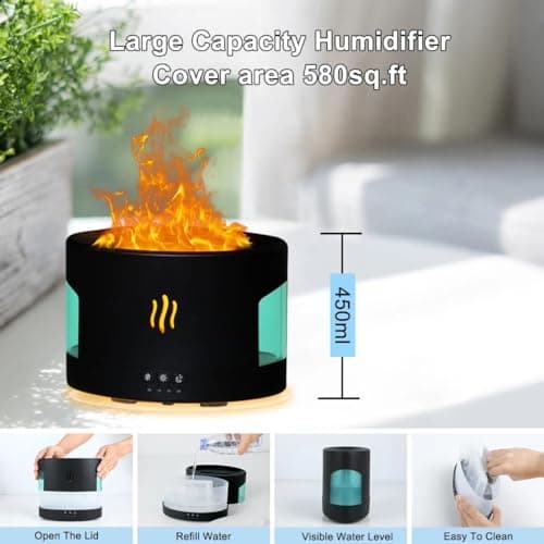 POSVIU Oil Diffusers for Home large Room, 450ml Visible Water Tank, Air Diffuser Humidifier with Bluetooth Speaker, White Noise and Remote, Flame Humidifier for Bedroom,Office, 7 Colors Diffuser Gifts 6