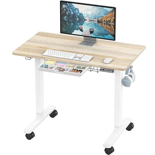 SHW 40-Inch Mobile Electric Height Adjustable Sit to Stand Desk with Drawer, Hanging Hooks and Cable Management, Maple