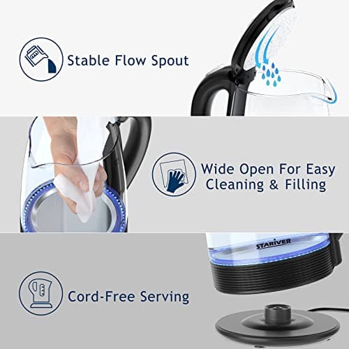 Stariver Electric Kettle, BPA-Free Glass Tea Kettle with LED, 2L Hot Water Kettle with Fast Boil, Auto Shut-Off & Boil-Dry Protection, Stainless Steel Inner Lid & Bottom, Black 6
