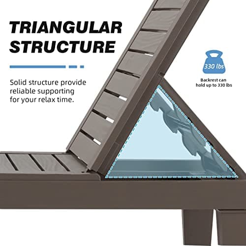 MELLCOM Outdoor Chaise Lounge Chairs Set of 2, All-Weather Patio Loungers with 5-Position Adjustable Backrest and Removable Cushions and Wood Texture Design, Reclining Chair for Beach, Poolside 5