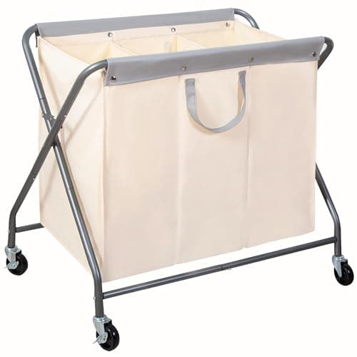 STORAGE MANIAC 160L Collapsible Laundry Hamper with Wheels, Rolling Laundry Basket, Heavy Duty Cloth Sorter with Removable Bag, Folding X Frame Clothes Organizer Cart for Easy to Store, 3 Section
