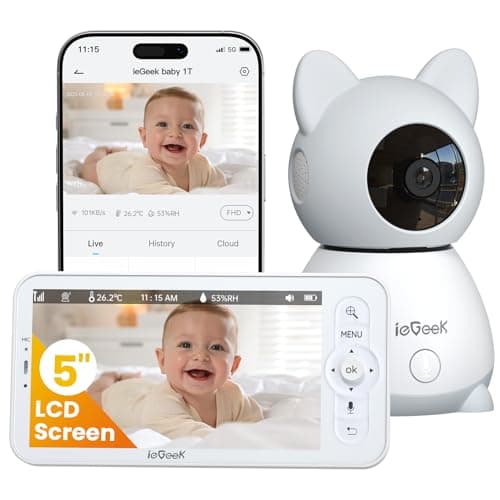 ieGeek Baby Monitor with 5" HD Screen, 2K Camera & Night Vision – WiFi/No-WiFi Dual Mode, PTZ, Cry/Motion Detection, 2-Way Audio, Temp/Humidity Sensor, Auto Tracking, Secure App & Remote Contro