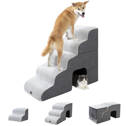 Pettycare Dog Stairs Ramp for High Beds and Couch,Curved Dog Steps for Small Pets, Pet Stairs Non-Slip Balanced Portable Puppy Ramp Indoor, 5 Steps,Grey