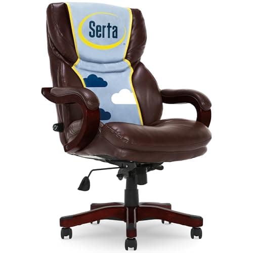Serta Conway Big & Tall Executive Office Chair, Ergonomic High-Back with Adjustable Lumbar, Semi Plush Cushion and Body Pillows, Padded Armrests, Wooden Swivel Base, Bonded Leather, Chestnut Brown