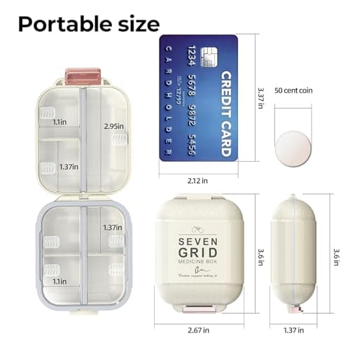 ZHIYES 7 Compartments Travel Pill Organizer, Foldable Portable Airtight Daily Pill Box, Compact Pill Case for Purse & Pocket, BPA-Free Medicine Organizer for Vitamins Fish Oil Supplements (White) 7
