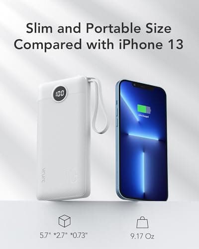VRURC Portable Charger Power Bank, USB C Battery Pack 10000mAh,5 Outputs 2 Inputs Pocket Travel Charging Bank Built-in Cables for iPhone 17 Pro 17 16 15 14 13,Samsung,Android-White(1 Pack) 5