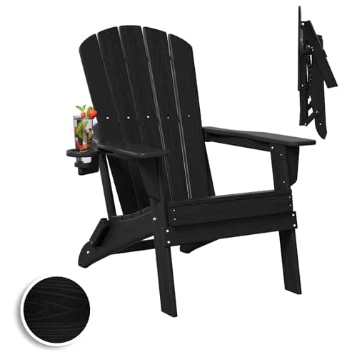 Plawdlik Folding Adirondack Chair, SGS Tested, Wooden Textured with Cup Holder, Heavy All-Weather HDPE Comfortable Set Poolside Backyard Lawn Black