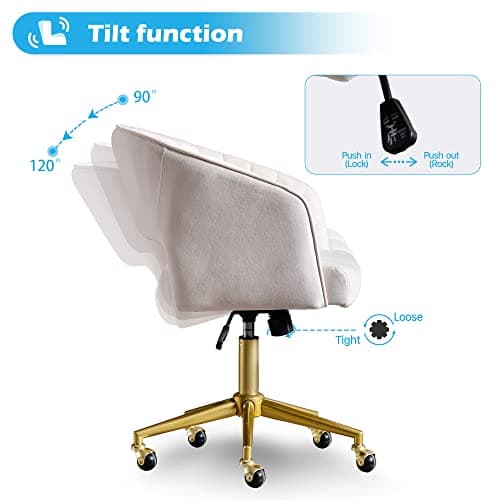 Home Office Chair Swivel Velvet Desk Chair Accent Armchair Upholstered Modern Tufted Chairs with Gold Base for Girls Women Ergonomic Study Seat Computer Task Stools for Living Room(Cream) 5