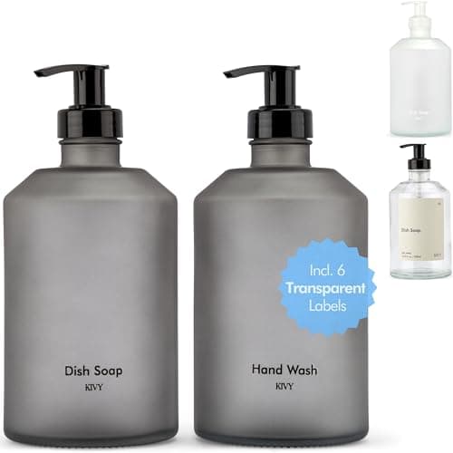 KIVY Glass Soap Dispenser with Labels for Kitchen, Bathroom and Shower - Shampoo Bottles for Filling - Washing Up Liquid Dispenser Kitchen - Washing Up Liquid Pump Dispenser Glass Shower Gel Dispenser