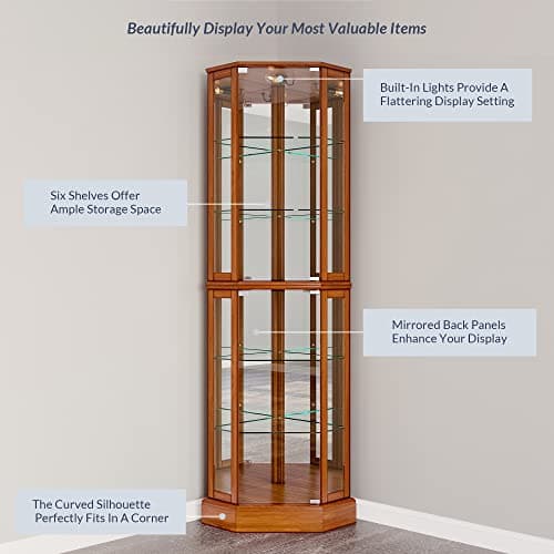 BELLEZE Lighted Curio Cabinet Corner Display Case for Living Room, China Hutch with Tempered Glass Doors and Shelves, Wooden Accent Cabinet, Bar and Liquor Storage Area - Ashfield (Oak) 5