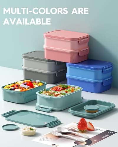 KEMETHY Adults Bento Lunch Box Set with Thermo Bag, 74oz Stackable Leak-proof 3-tiers Bento Box, Built-in Utensil and Sauce Container for Work, School, Dining Out (Green) 7