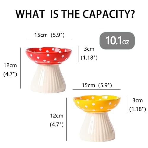 2 Pack Cat Bowl Elevated Raised Cat Food Bowl Mushroom Water Tilted Dish Ceramic Pet Feeder for Flat Faced Kitten Whisker Friendly Non-Slip(Red & Yellow,Pack of 2) 6