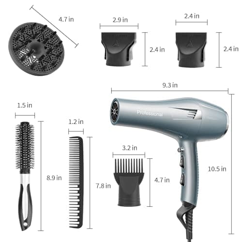 Ionic Salon Hair Dryer, Professional Blow Dryer AC Motor Fast Drying with 2 Speed, 3 Heat Setting, Cool Button, with Diffuser, Nozzle, Concentrator Comb for Curly & Straight Hair-Blue 8