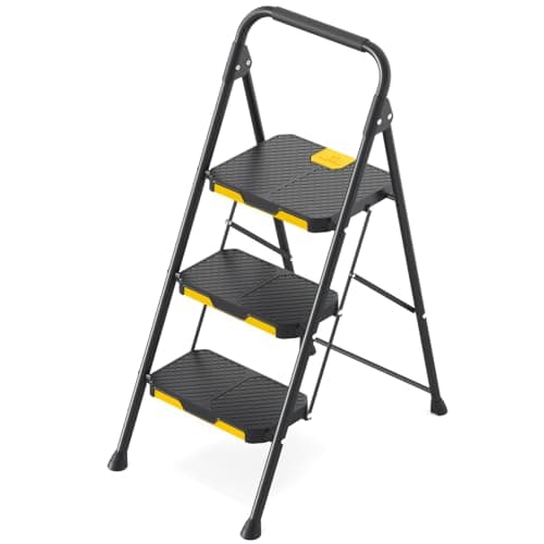 KINGRACK 3 Step Ladder, Sturdy Steel Step Stool with Safe-Lock Design, Handrail, Anti-Slip Wide Pedals, Pass 800lbs Load Testing, Folding Portable Ladder for Multi-Purpose, Home, Kitchen, Black 8