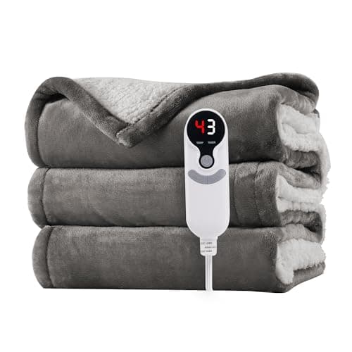 Electric Heated Blanket 72"x84" Full Size - Flannel & Sherpa Fabric Dual-Sided, 6 Heat Settings & 1-10 Hours Auto Off, Soft & Cozy Warming Throw for Home, Office, or Bed, Machine Washable, Light Gray 7