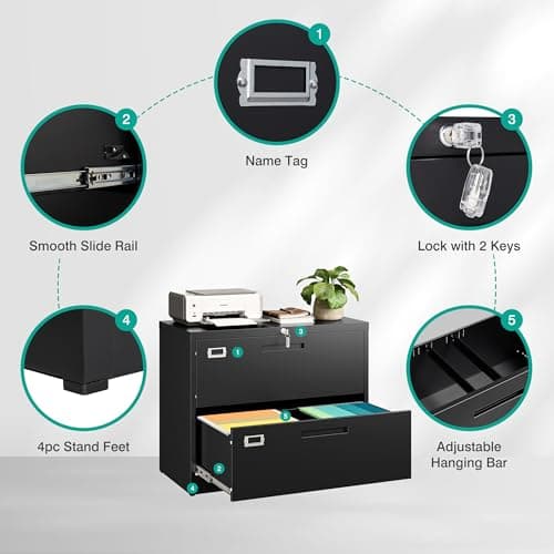 SISESOL 2 Drawer Lateral File Cabinet with Lock,Black Lateral Filing Cabinet,Horizontal Metal Filing Cabinet,Locked Wide Two Drawer File Cabinet for Office Home,Fit A4/F4/Letter/Legal File 6