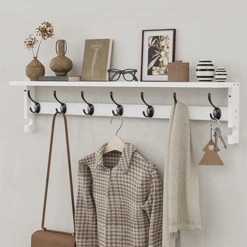 AMBIRD Coat Rack Wall Mount, 35 Inch Large Coat Hooks Wall Mounted with 7 Dual Metal Hooks and 2 Side Hooks, Wall Hooks with Shelf in Entryway, Kitchen, Living Room, Bathroom, Bedroom (White) 7