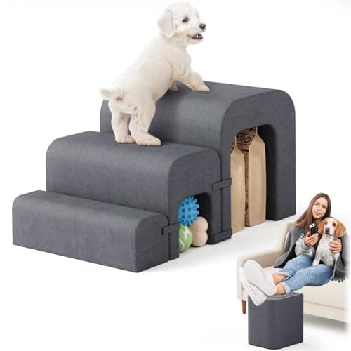 SereneCloud Dog Stairs for Small Dogs(Under 22LB), 3-Step Dog Ramp for Bed, Pet Stairs for Small Medium Dogs and Pets with Storage for Bed Couch Sofa Climbing, Lightweight and Comfort, Grey