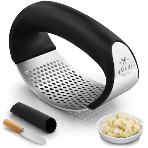 Zulay Stainless Steel Garlic Press Rocker Set - Premium Garlic Mincer Garlic Crusher - New Innovative Garlic Crusher with Peeler and Scraper - Comfortable Grip (DeepBlack)