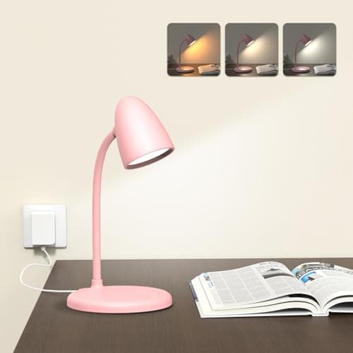 RORENSE LED Desk Lamp for Home Office,3 Light Colors, Table Lamp,Dimmable Reading Light for Bedside Small Desk Lamp for College Dorm Room,Bedroom Desk Light Pink