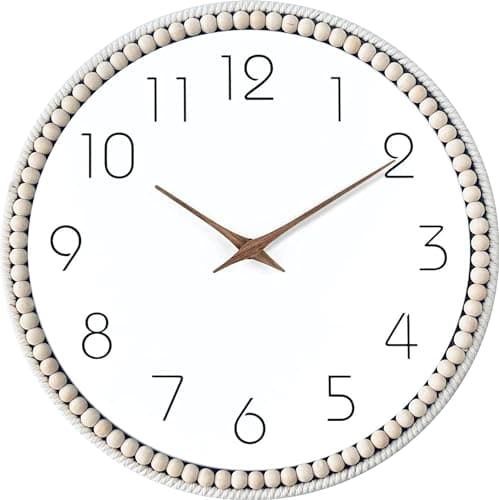 ALYBSOO Boho Wall Clock 13.2 inch, Chic Wall Clock Decor, DIY Rustic Wooden Bead Silent Wall Decorative Clock for Housewarming Gift (White)