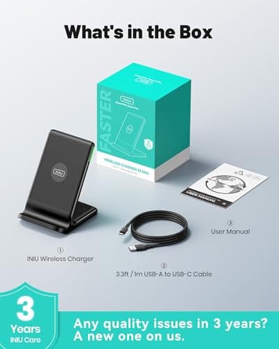 INIU Wireless Charger, 15W Fast Wireless Charging Station with Sleep-Friendly Adaptive Light Compatible with iPhone 17 16 15 14 13 12 Pro Max Samsung Galaxy S25 S24 S23 Note 20 Google etc 8