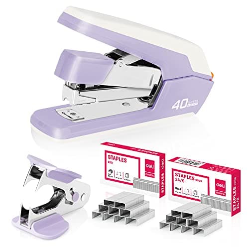 Deli Effortless Desktop Stapler, Heavy Duty Stapler, 40-50 Sheet Capacity, One Finger, No Effort, Includes 1500 Staples & Staple Remover, Violet